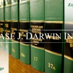 Bookshelf full of leather-bound legal books with overlay text reading "Experience, Knowledge, Case J. Darwin, INC."