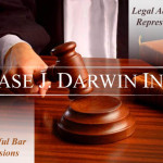 Hand holding gavel at wooden table covered in old books with overlay text reading "Legal Advice and Representation, Successful Bar Admissions, Case J. Darwin, INC."