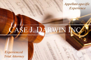 Gavel next to small scales of justice on top of open legal book with overlay text reading "Appellate-specific Experience, Experienced Trial Attorney, Case J. Darwin, INC."