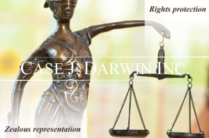 Statue holding the scales of justice with overlay text saying "Rights Protection, Zealous Representation, Case J. Darwin, Inc.""