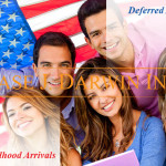 Group of happy young adults posing in front of American flag with overlay text reading "Deferred Action for Childhood Arrivals, Case J. Darwin, INC."