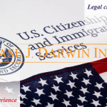 American flag on USCIS document with overlay text reading "Legal citizenship, Safe experience, Case J. Darwin, INC."