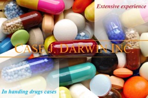 Various pills on a table with overlay text reading "Extensive experience In handling drug cases, Case J. Darwin, INC."